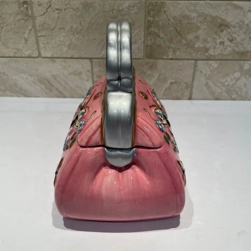 Pink Ceramic Butterfly Handbag Trinket Box Floral Decorative Davids Cookies